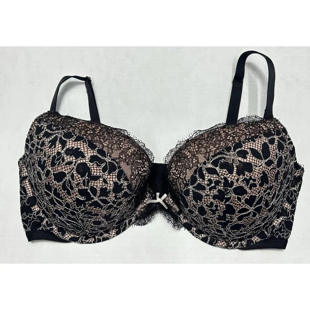 Victoria’s Secret Dream Angels Push Up Bra 36DD Black Floral Lace Lined Wired